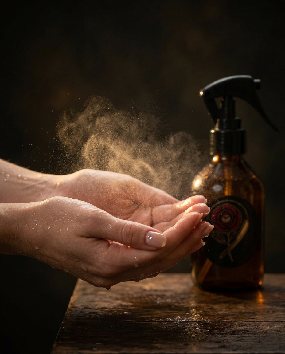 Mãos em concha com névoa dourada da fragrância